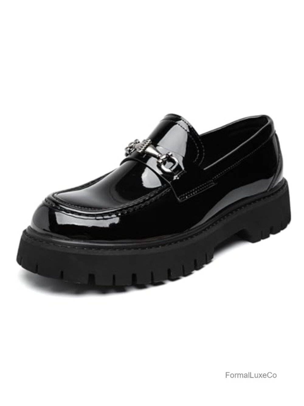 Men's Patent Leather Platform Loafers Non-Slip Lug Sole Slip-On Horsebit